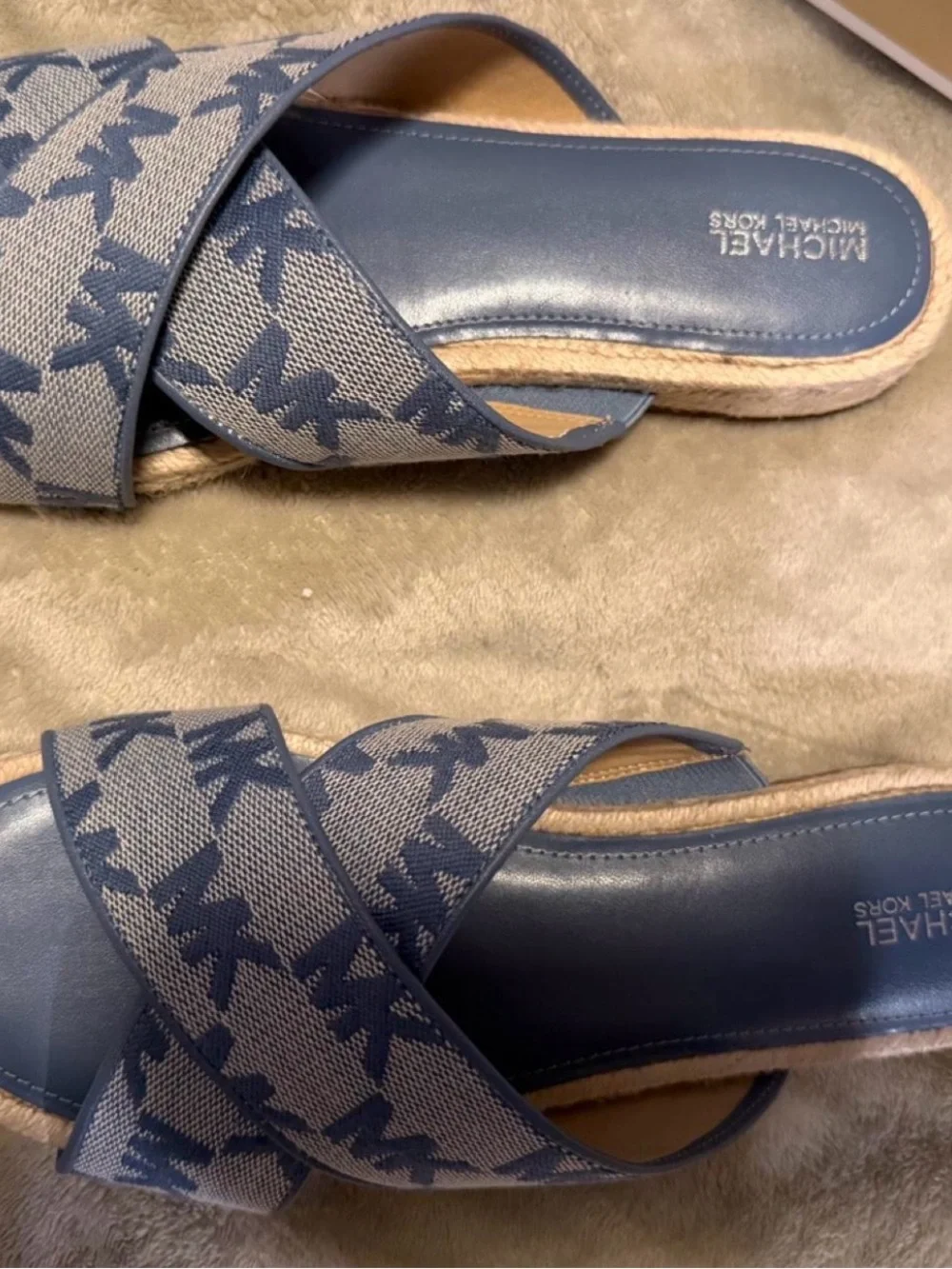Michael Kors Navy Blue Espadrille Slide with MK Print